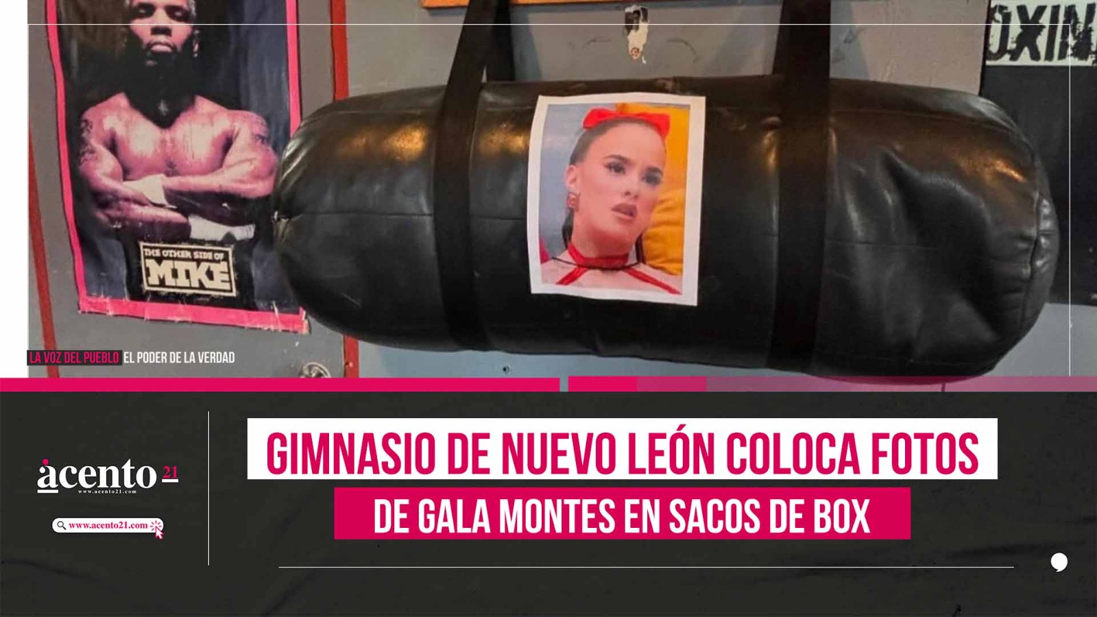 Gimnasio de Nuevo León coloca fotos de Gala Montes en sacos de box