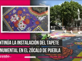 Continúa la instalación del Tapete Monumental en el Zócalo de Puebla.