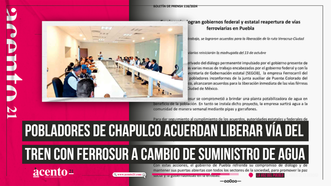 Pobladores de Chapulco acuerdan liberar vía del tren con Ferrosur a cambio de suministro de agua