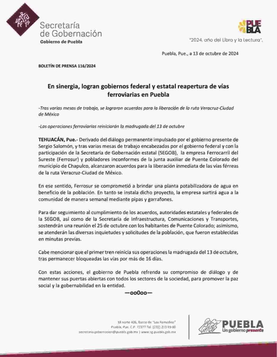 Pobladores de Chapulco acuerdan liberar vía del tren con Ferrosur a cambio de suministro de agua