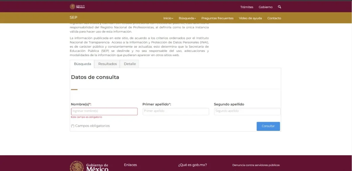 Página del portal Registro Nacional de Profesionistas