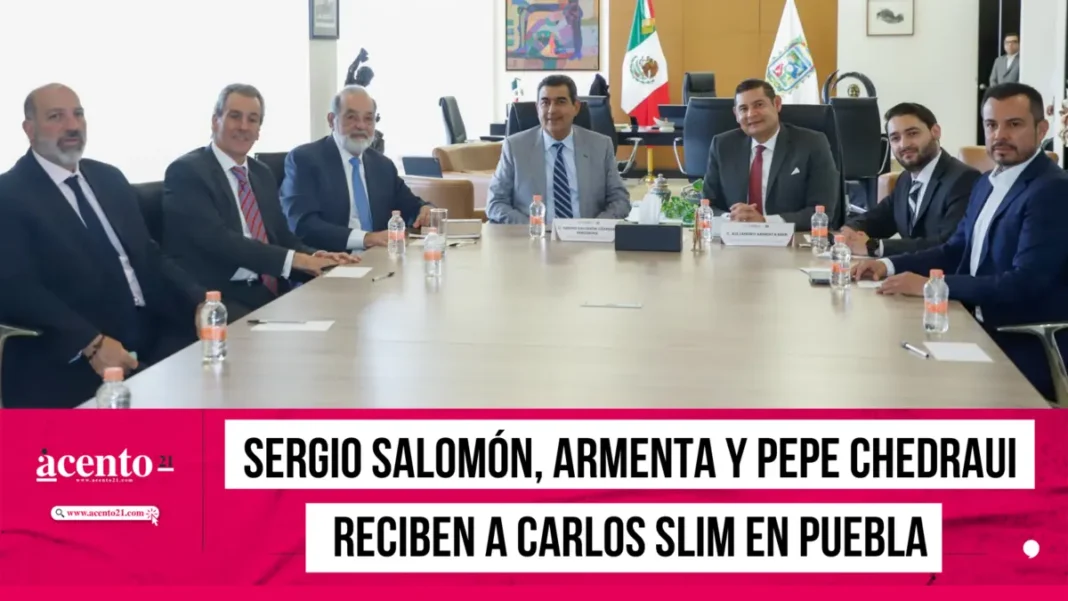 Sergio Salomón, Armenta y Pepe Chedraui reciben a Carlos Slim en Puebla