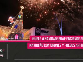 BUAP enciende su árbol navideño con drones y fuegos artificiales