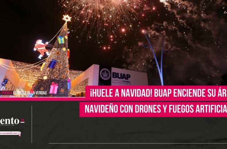 BUAP enciende su árbol navideño con drones y fuegos artificiales