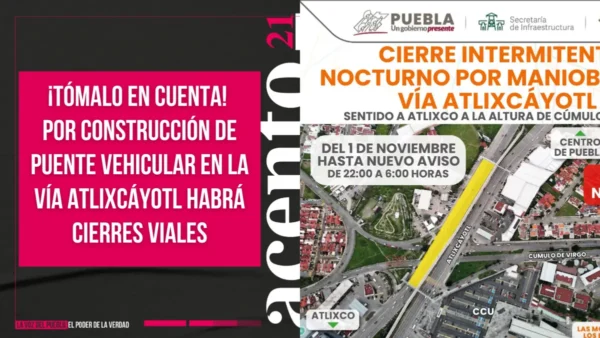 Por construcción de puente vehicular en la Vía Atlixcáyotl habrá cierres viales