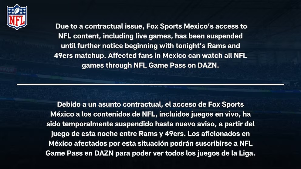 NFL Media anunció la suspensión de los derechos de transmisión de Fox Sports México