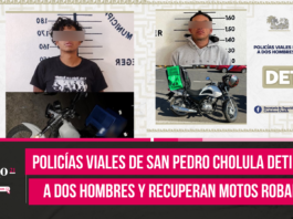 Policías viales de San Pedro Cholula detienen a dos hombres y recuperan motos robadas