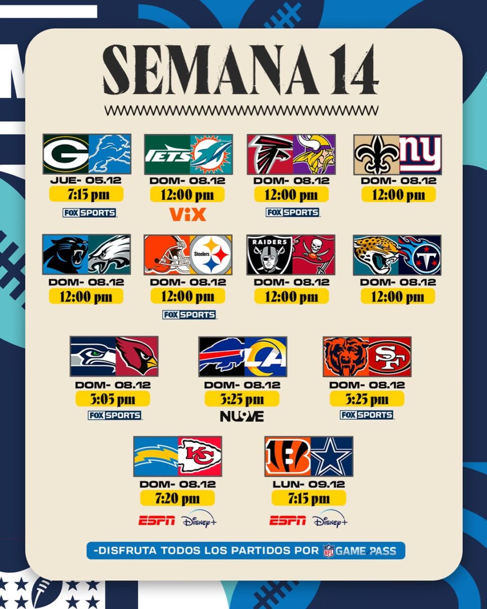 Semana 14 de la NFL Horarios y detalles que no te debes perder 