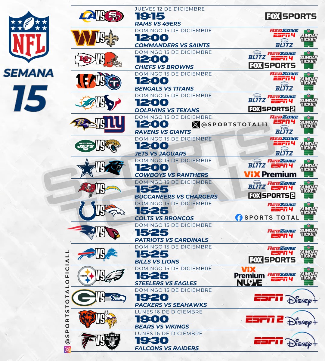 Semana 15 de la NFL; Fechas y horarios