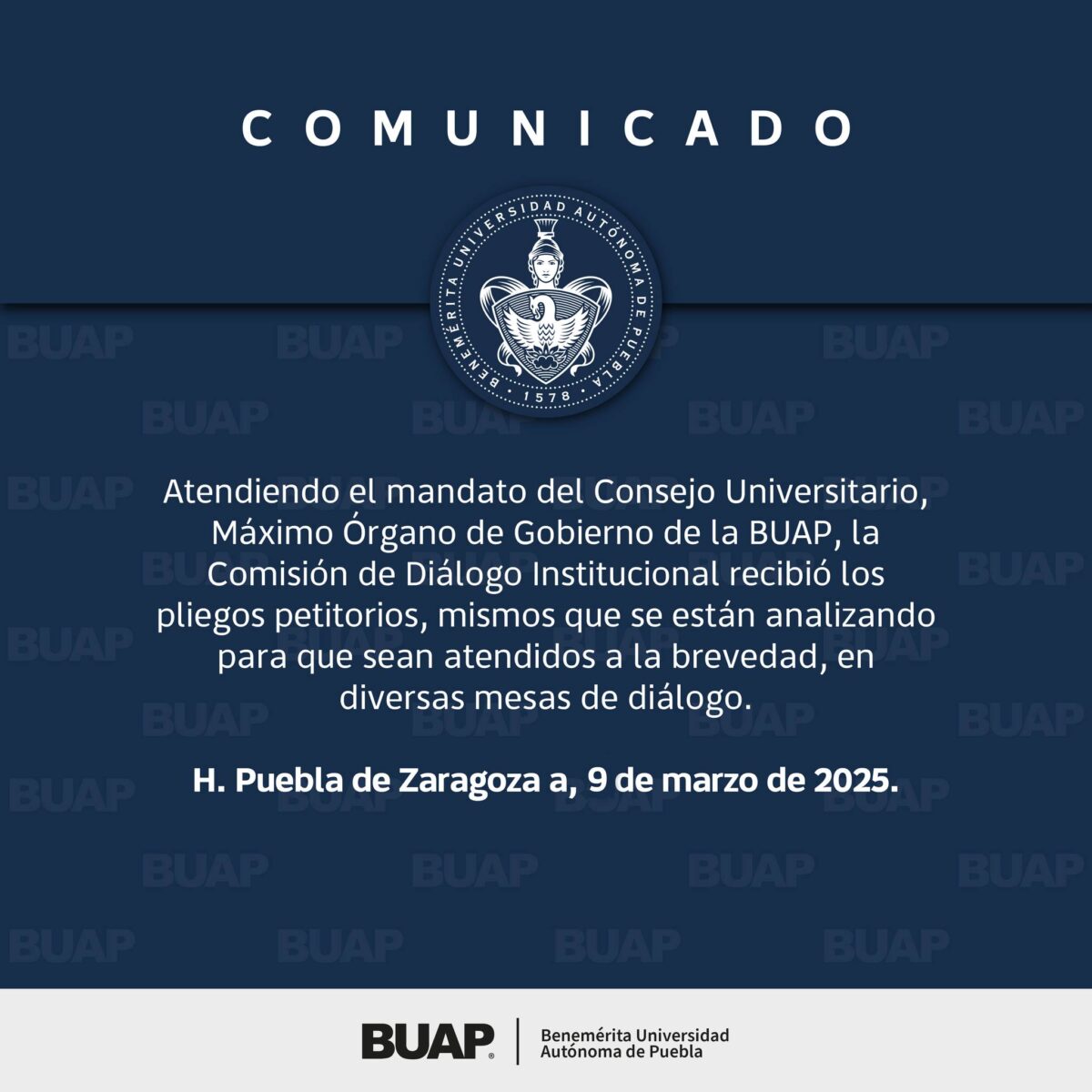 Comunicado oficial de la Benemérita Universidad Autónoma de Puebla.