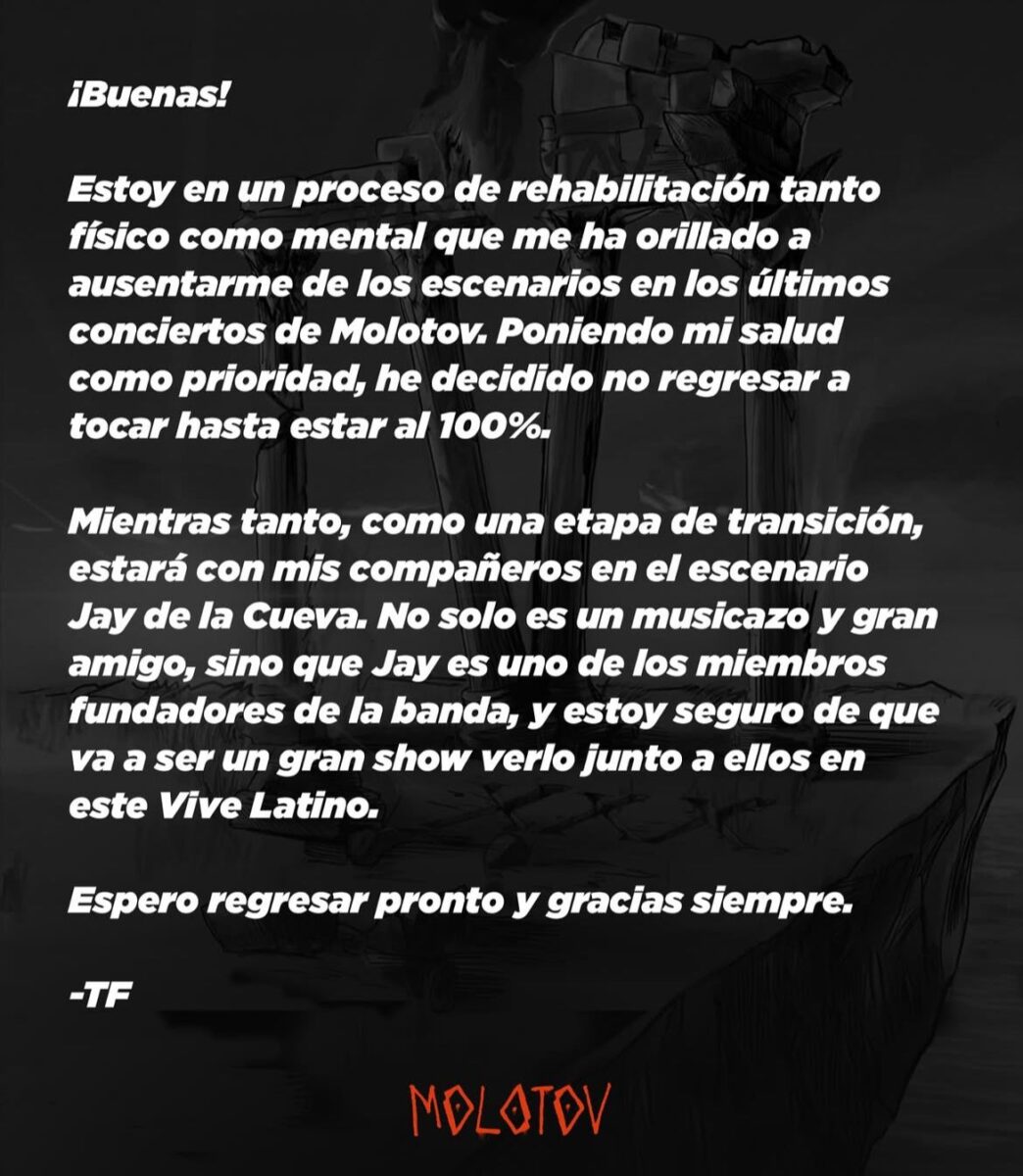 Comunicado del integrante de Molotov explicando los motivos de su ausencia.