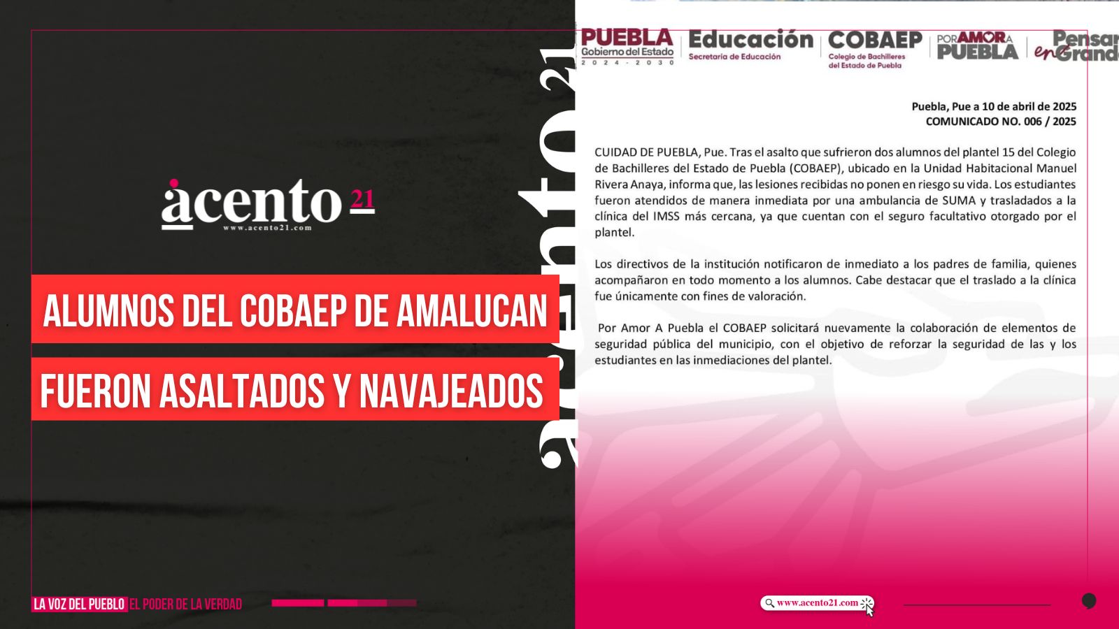 Alumnos del COBAEP de Amalucan fueron asaltados y navajeados