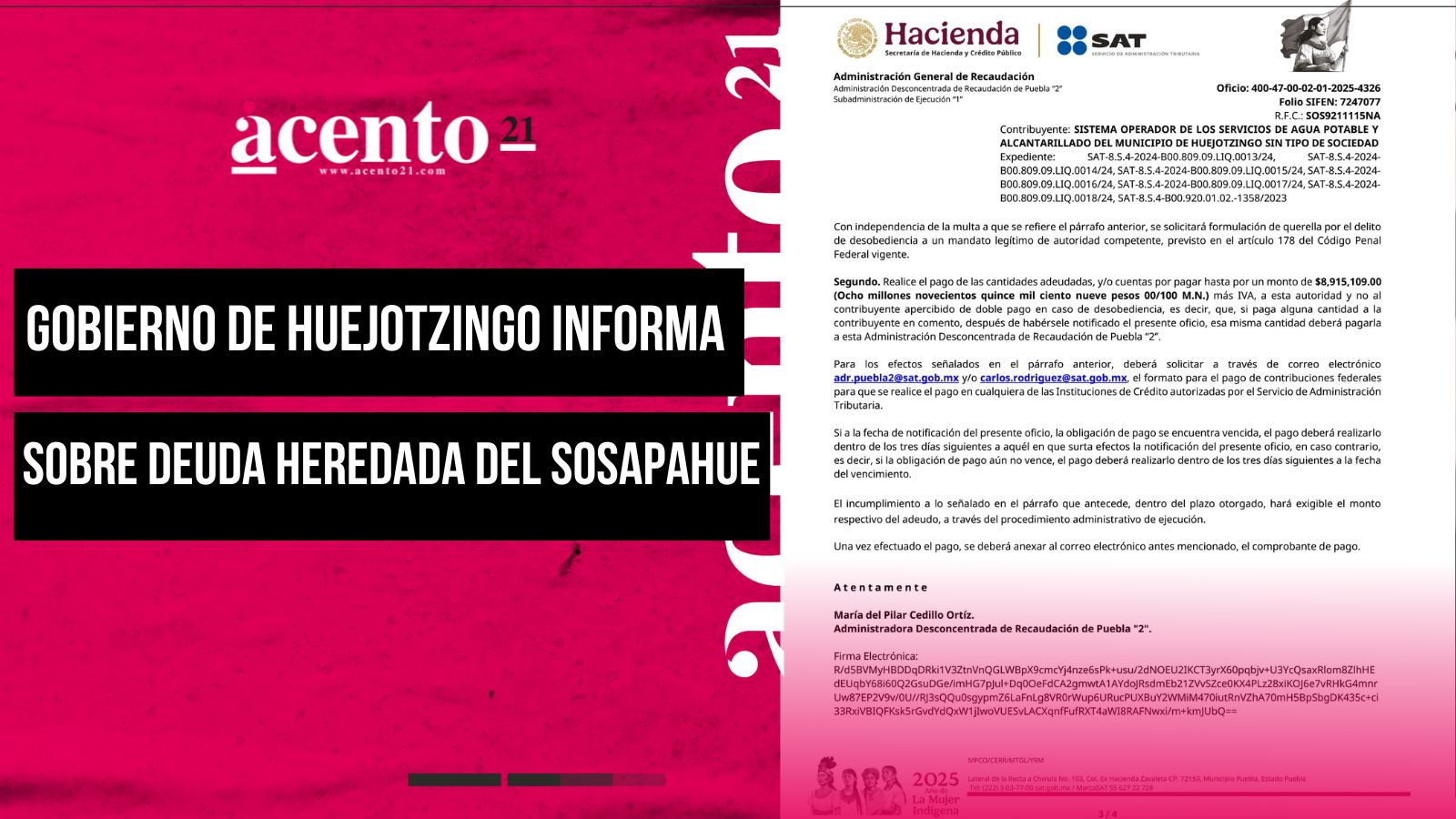 GOBIERNO DE HUEJOTZINGO INFORMA SOBRE DEUDA FISCAL HEREDADA EN EL SOSAPAHUE