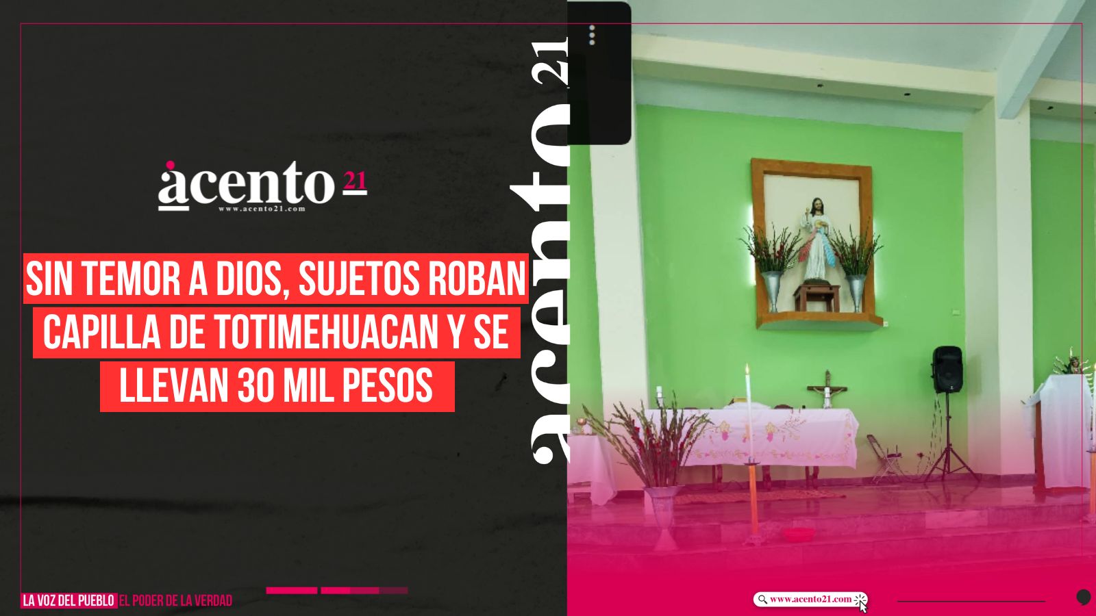 Sin temor a dios, sujetos roban capilla de Totimehuacan y se llevan 30 mil pesos