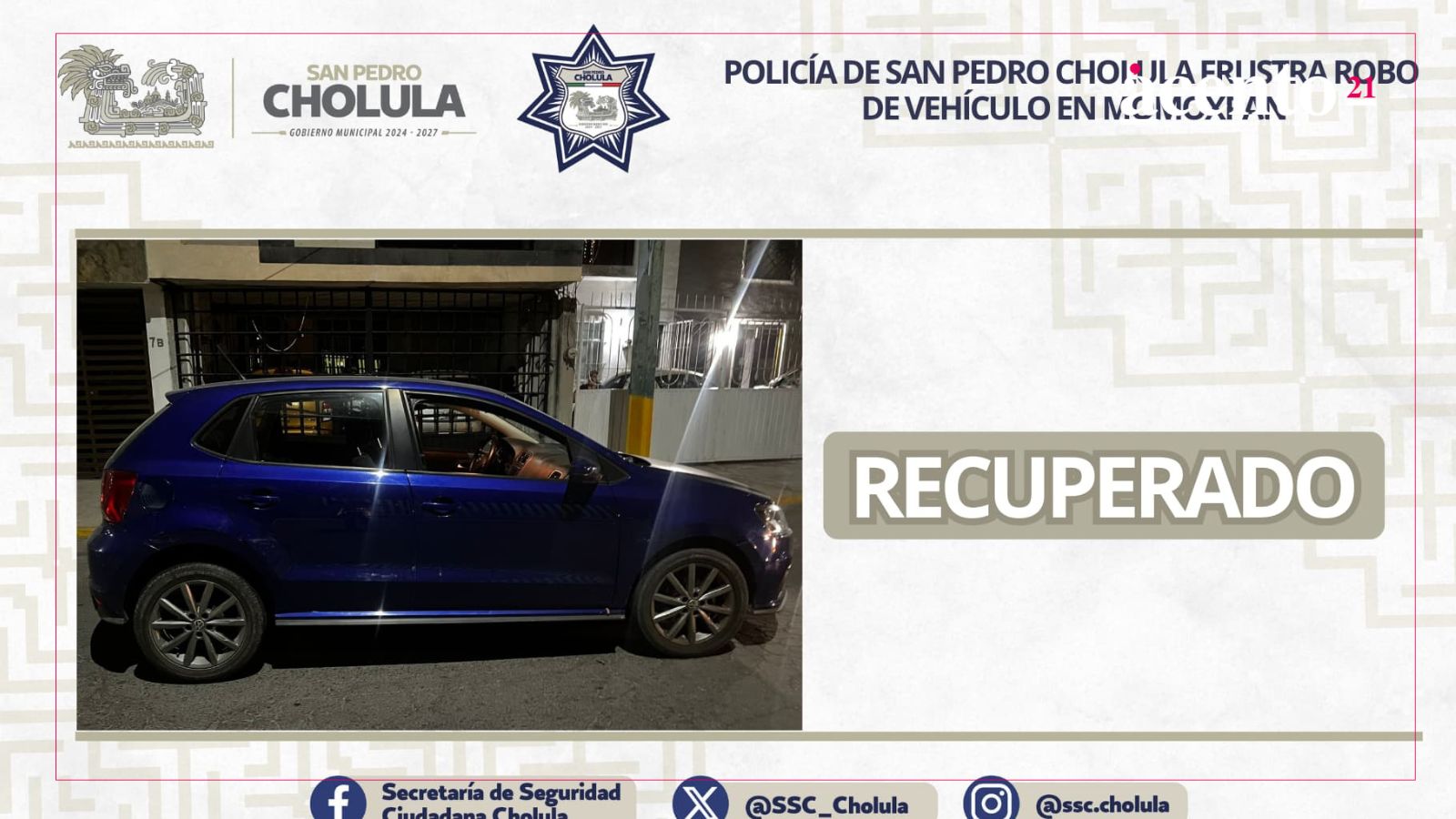 Policía de San Pedro Cholula frustra robo de vehículo en Momoxpan