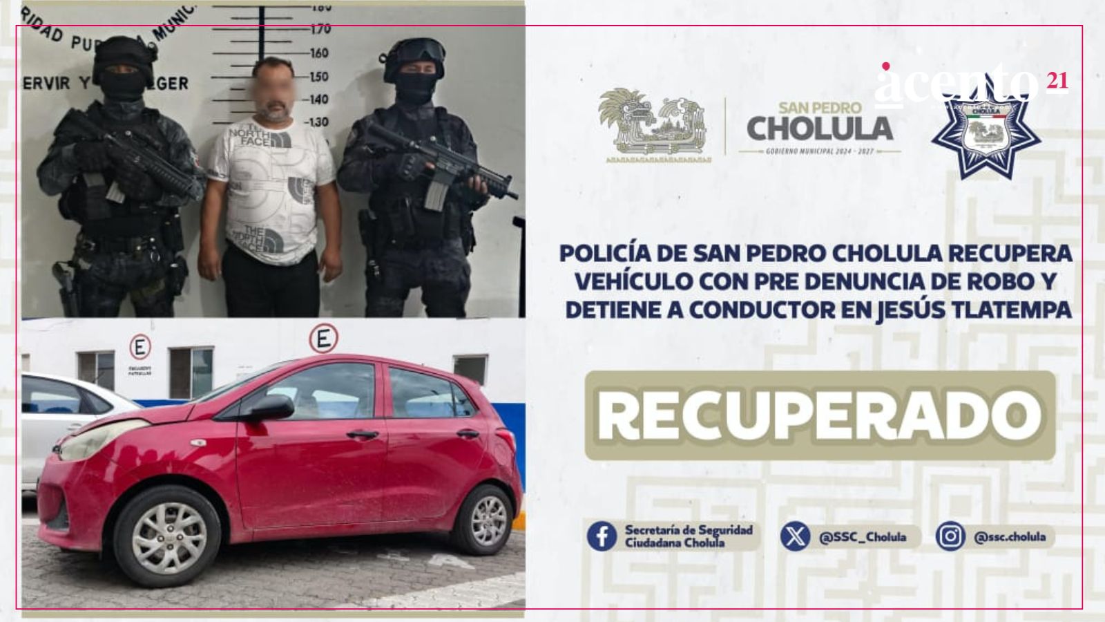 Policía de San Pedro Cholula recupera vehículo con pre denuncia de robo y detiene a conductor en Jesús Tlatempa