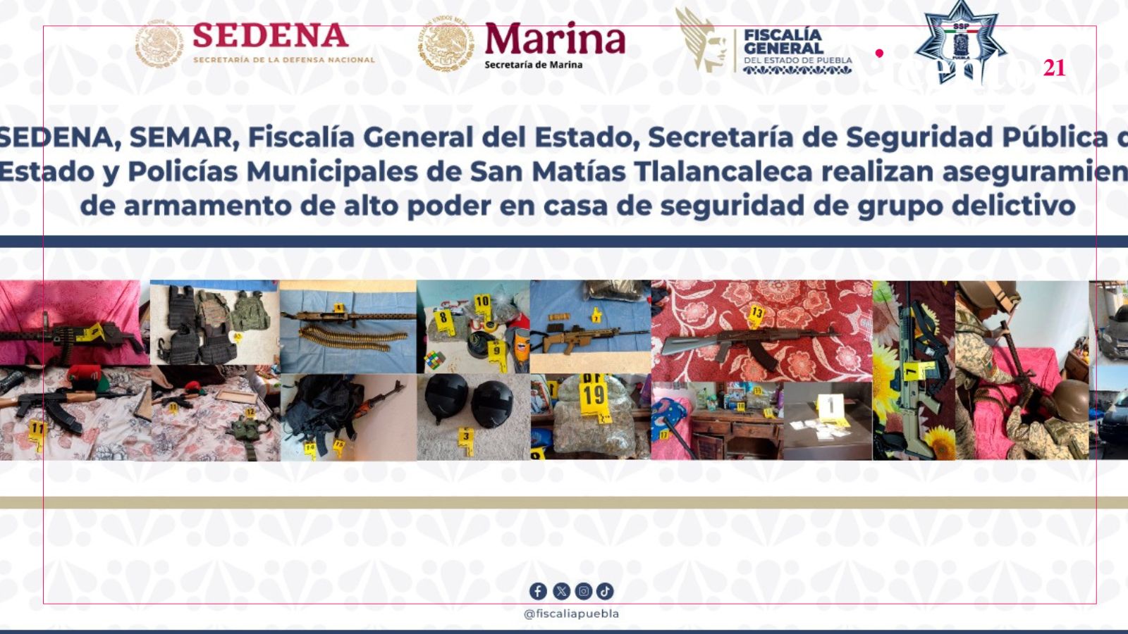 SEDENA, SEMAR, Fiscalía General del Estado, Secretaría de Seguridad Pública del Estado y Policías Municipales de San Matías Tlalancaleca realizan aseguramiento de armamento de alto poder en casa de seguridad de grupo delictivo