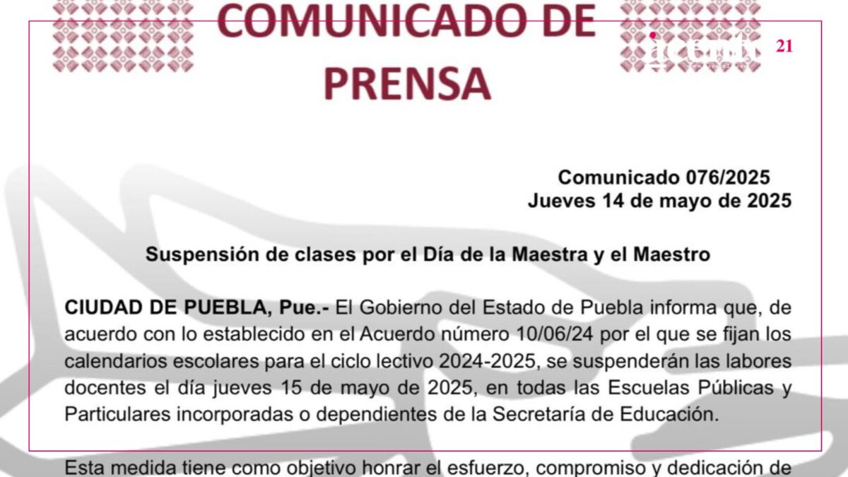 Suspenden clases en Puebla este 15 de mayo por el Día del Maestro