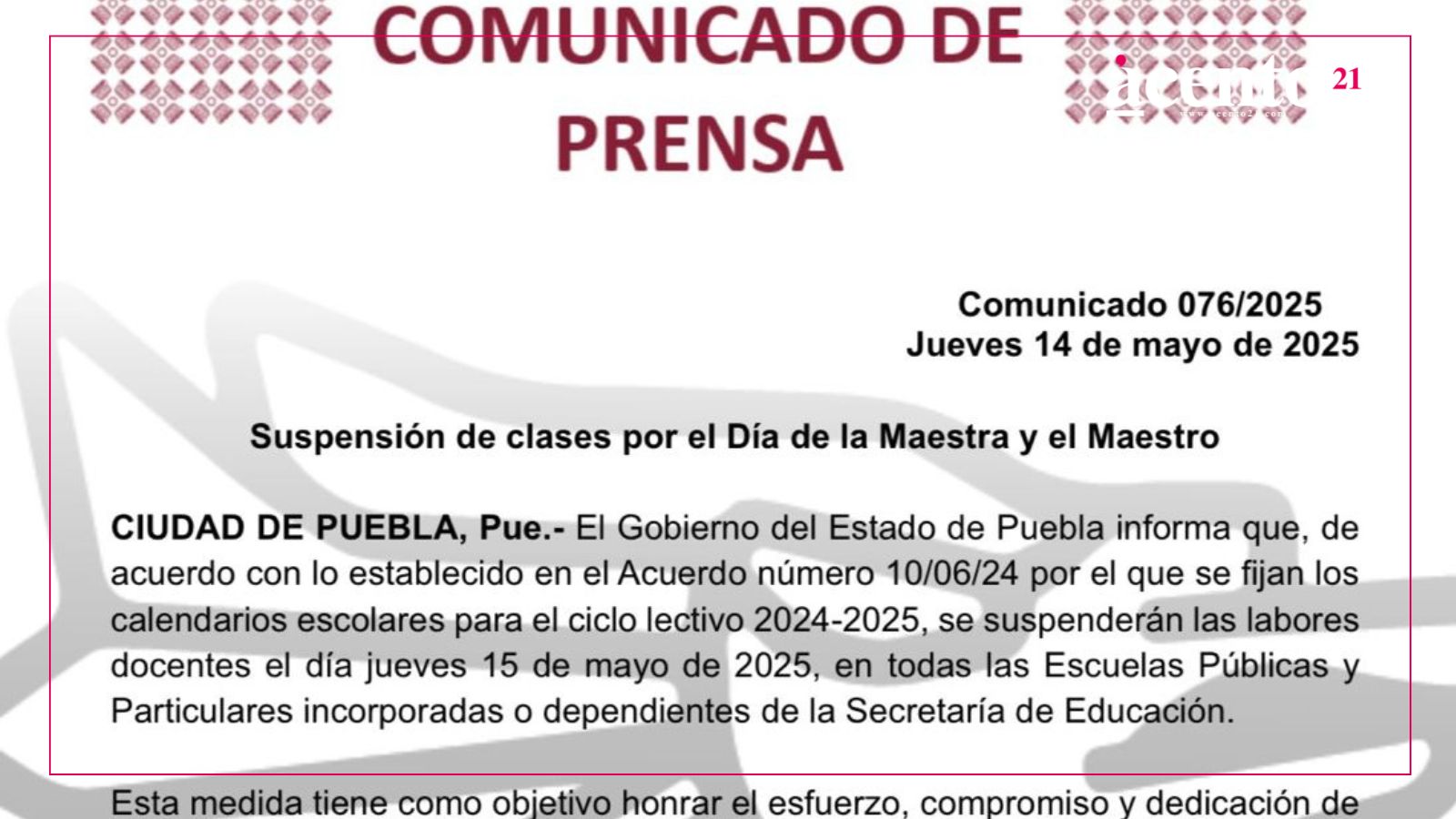 Suspenden clases en Puebla este 15 de mayo por el Día del Maestro