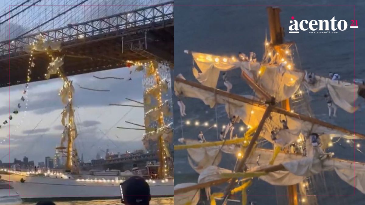 Buque Cuauhtémoc de la Marina se impacta contra el puente de Brooklyn