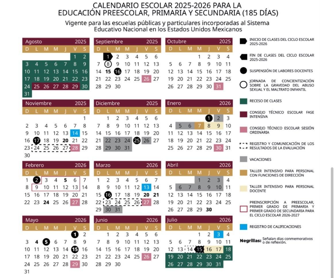 Ya está listo el calendario escolar 2025-2026 para los niveles básico y media superior de las instituciones educativas incorporadas a la SEP.