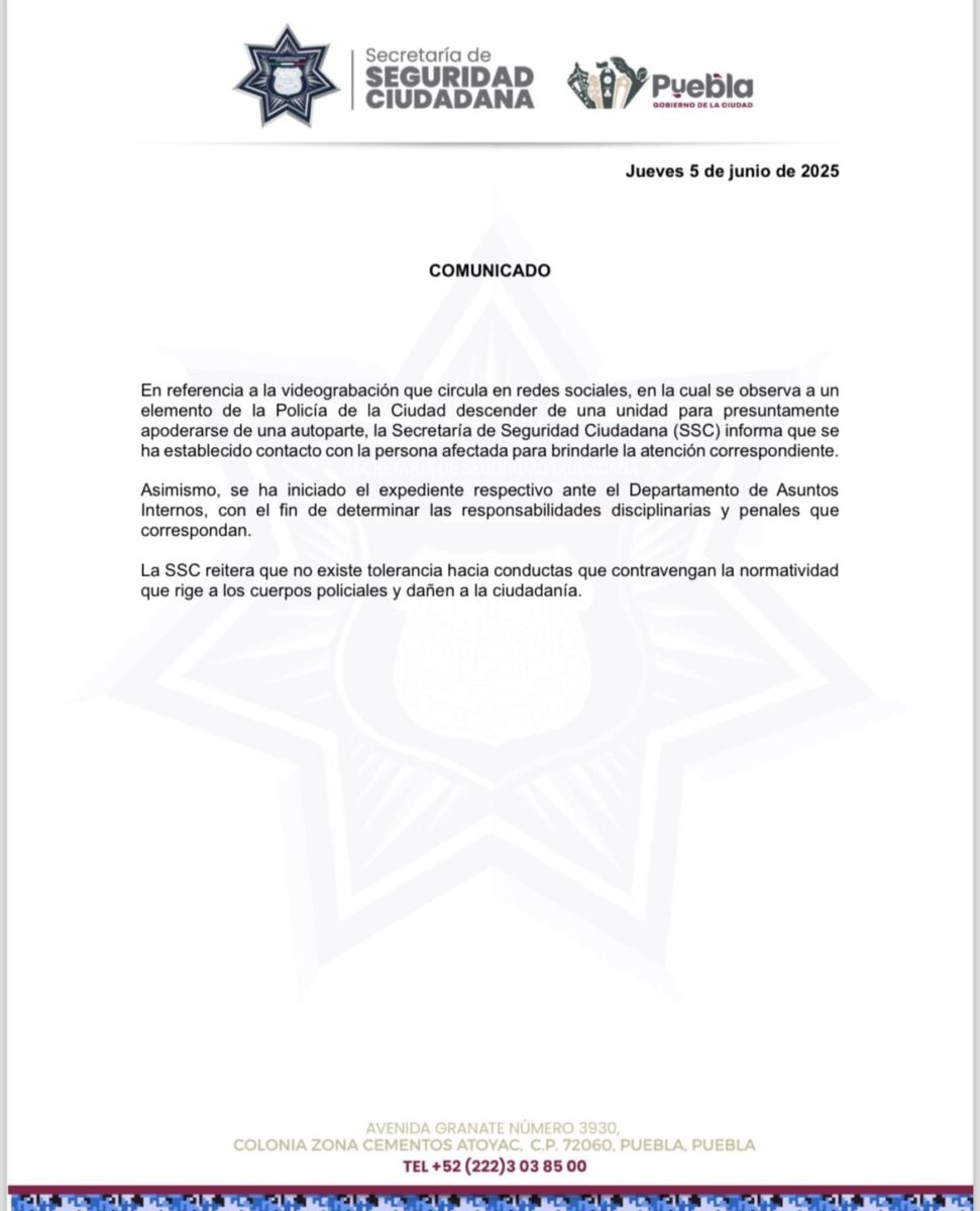 La Secretaría de Seguridad Ciudadana (SSC) iniciará una investigación interna, en contra de uno de sus elementos que fue acusado de haber robado una autoparte