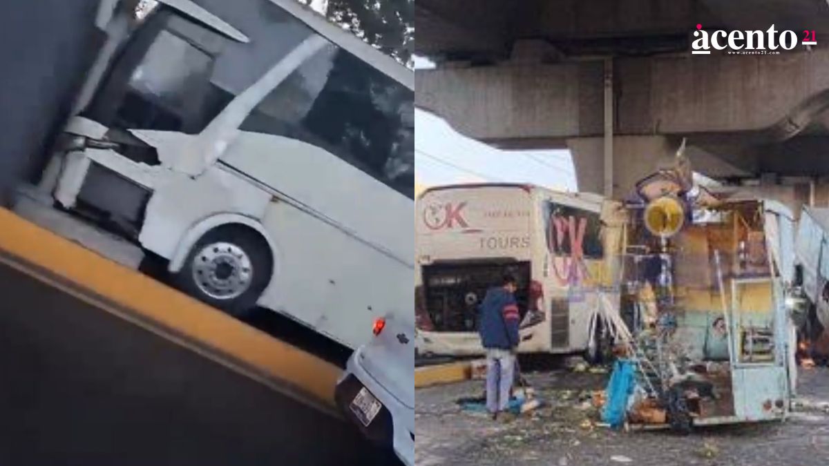 Caos vial en la México-Puebla por accidente choque de autobús contra un pilar de la autopista