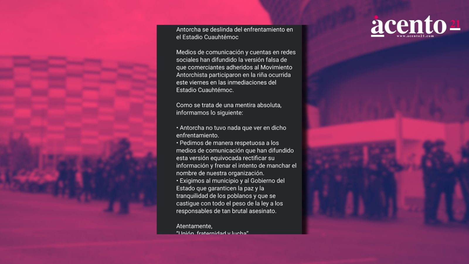 Antorcha Campesina se deslinda de riña en Estadio Cuauhtémoc