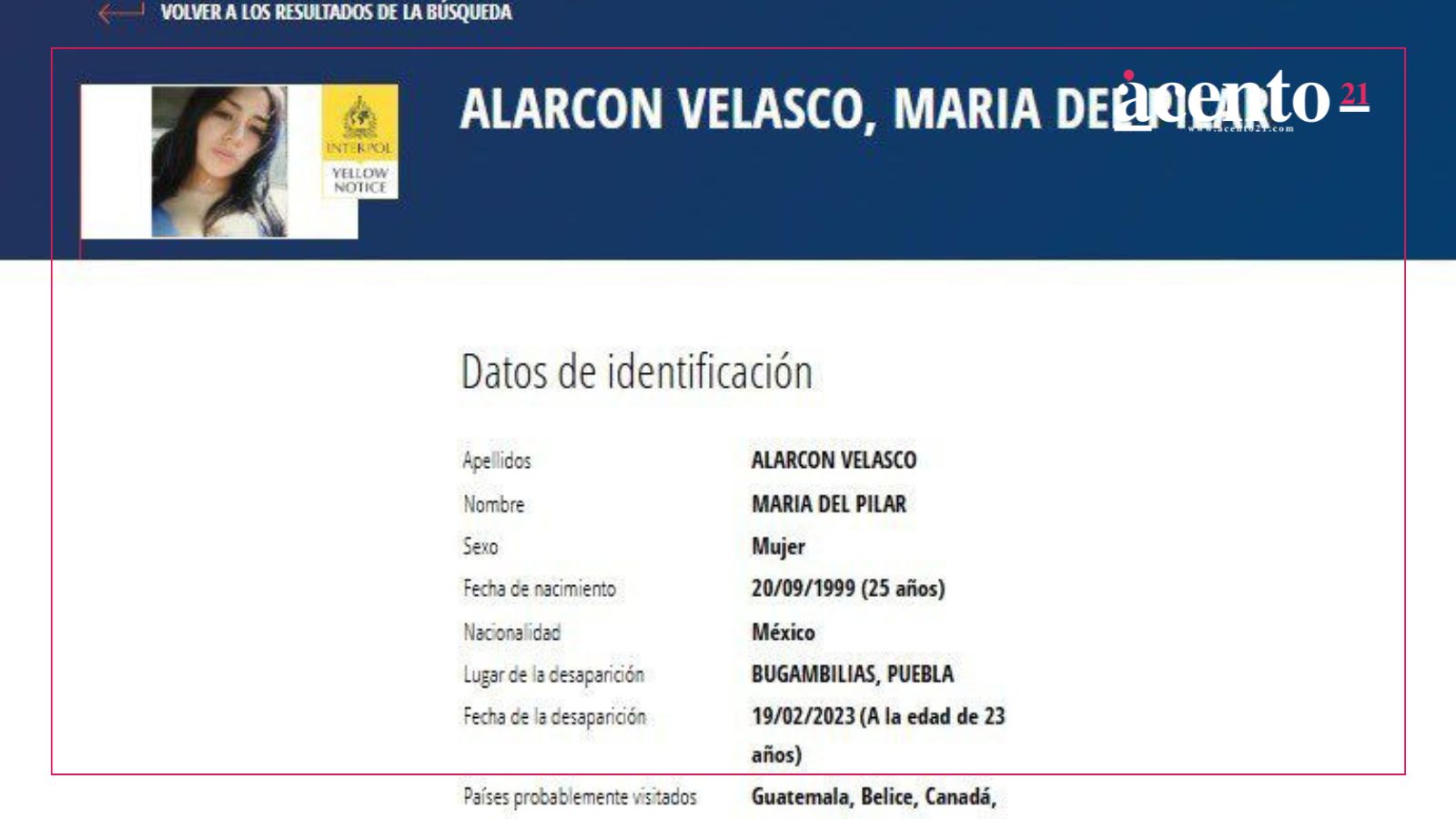 Emiten Ficha Amarilla con la INTERPOL para la búsqueda de una mujer desaparecida en Puebla