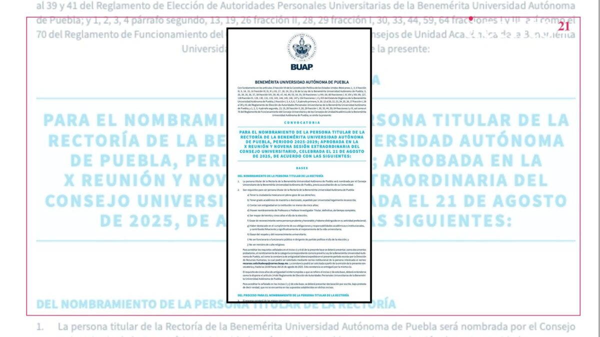 BUAP lanza convocatoria para elegir rector; habrá debate y prohíbe campañas de ataques