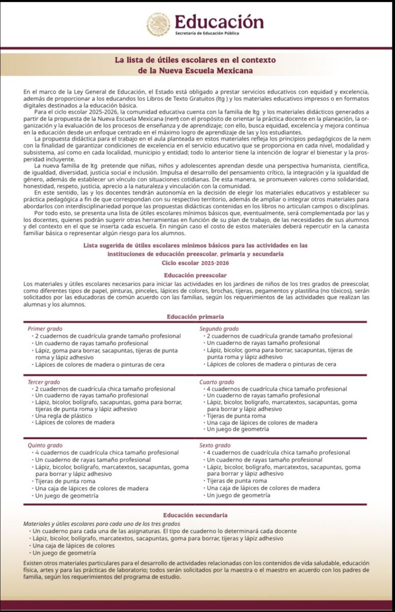 La Secretaría de Educación Pública (SEP) reveló oficialmente la lista básica de útiles escolares