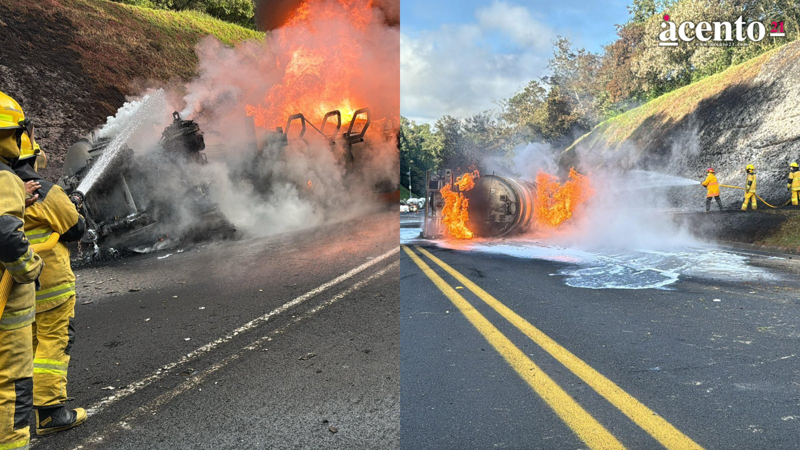 Se incendia pipa de gasolina en la México-Tuxpan, a la altura de Huauchinango