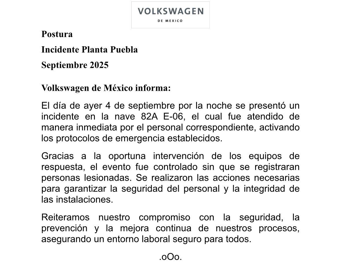 La explosión que se registró al interior de una nave de la armadora Volkswagen no dejó personas lesionadas tras activarse inmediatamente los protocolos de seguridad.