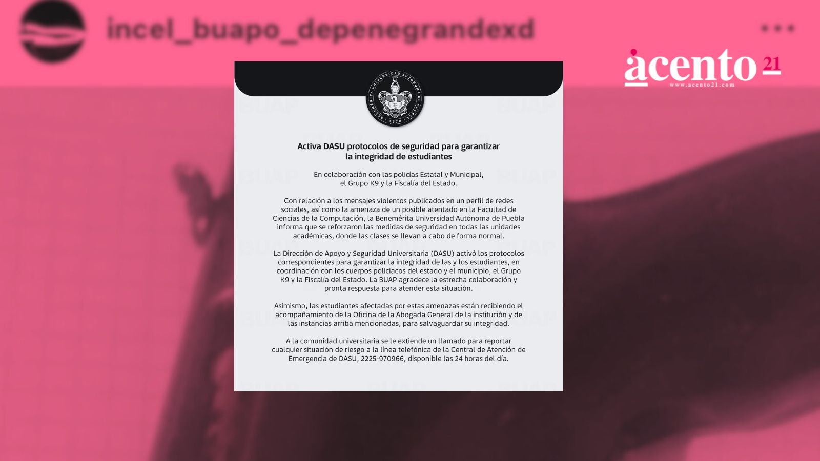 BUAP activa protocolos de seguridad ante amenaza de estudiante armado