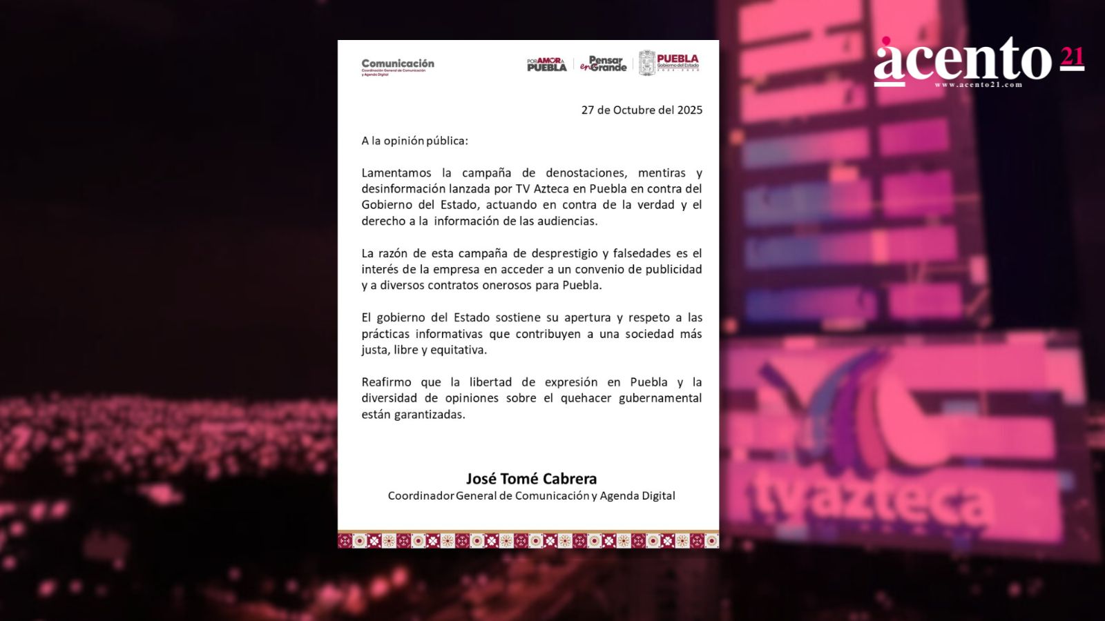 Gobierno de Puebla acusa a Azteca Puebla de buscar convenio a través de presión mediática