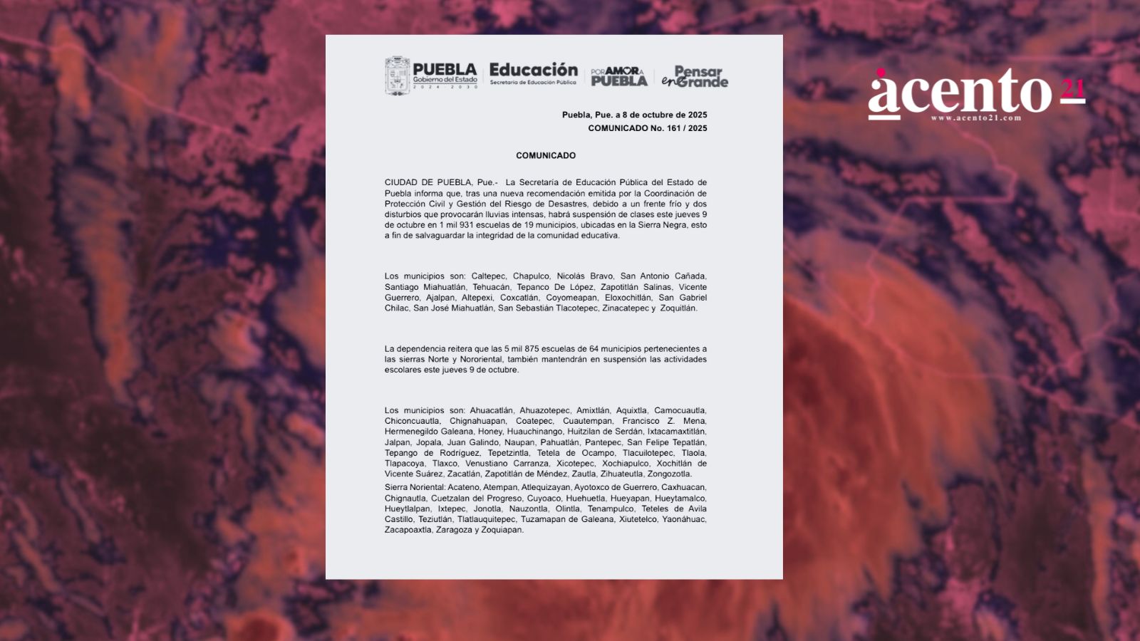 Se suspenden clases en 19 municipios más de Puebla por condiciones climatológicas