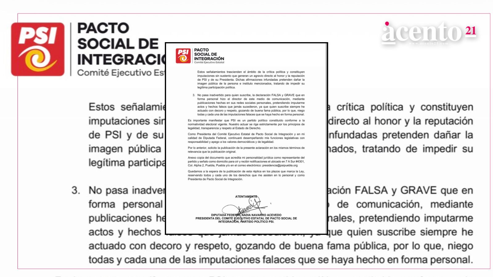 Nadia Navarro solicita derecho de réplica por señalamientos contra PSI
