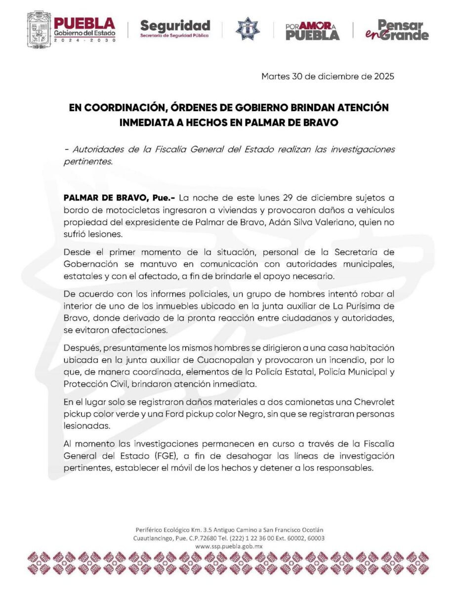 A través de un comunicado el Gobierno Estatal confirmó que tanto las propiedades como los vehículos vandalizados, eran propiedad del ex alcalde Adán Silva.
