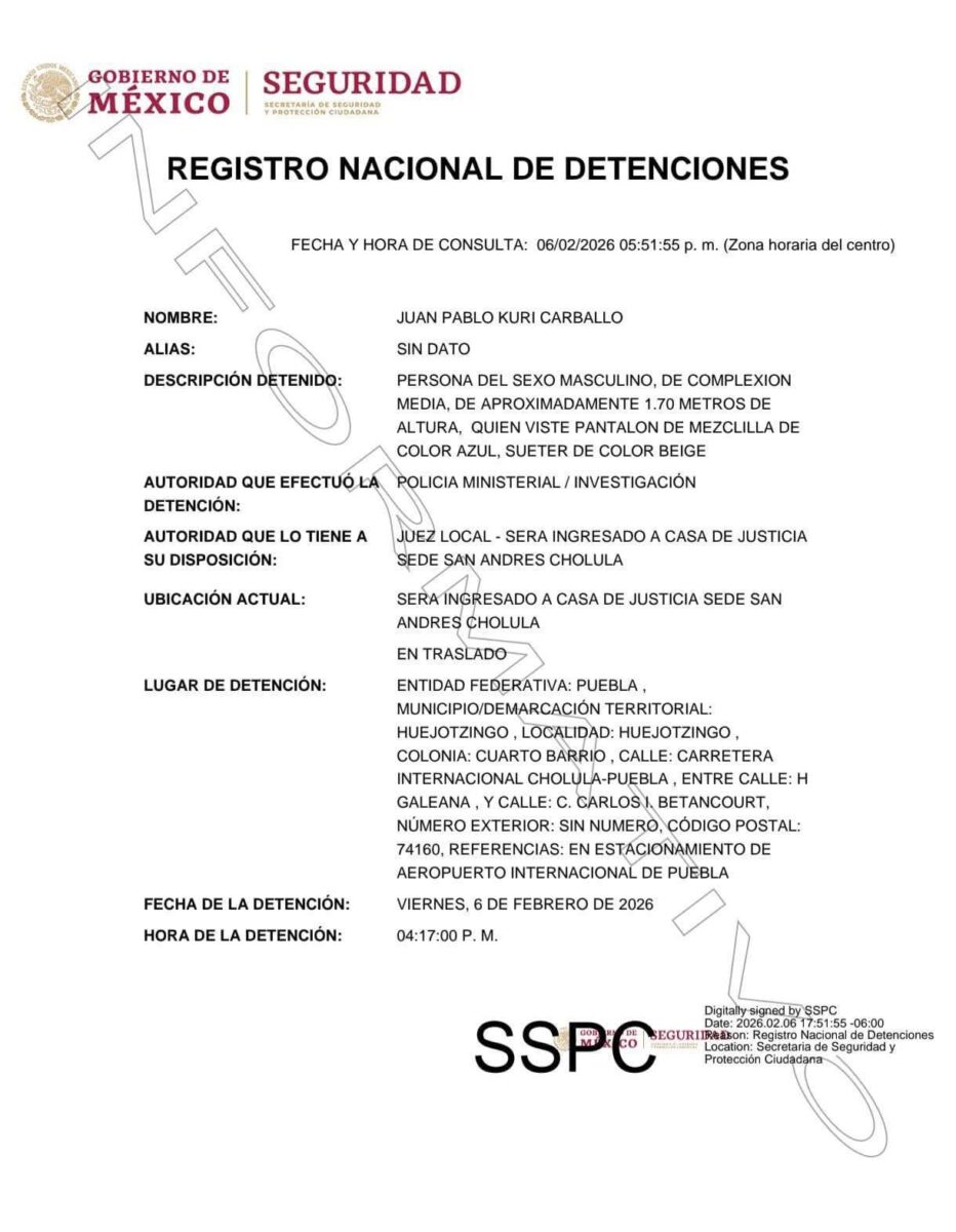 El exdirigente y exdiputado local del Partido Verde Ecologista de México en Puebla Juan Pablo Kury Caballo fue detenido este viernes en el estacionamiento del Aeropuerto Internacional de Puebla