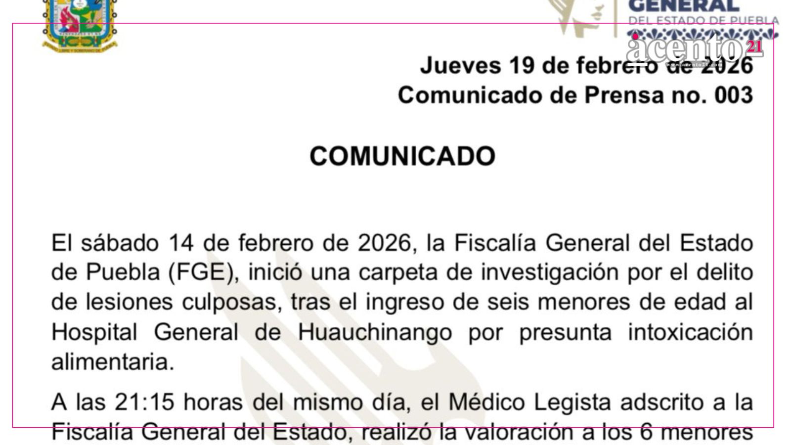 FGE desmiente versión sobre menores intoxicados con fentanilo en Huachinango