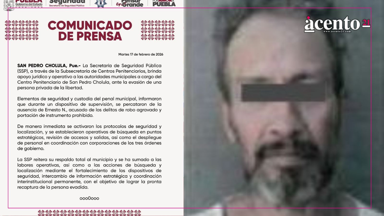 Se fuga reo del penal de San Pedro Cholula; está acusado por robo agravado
