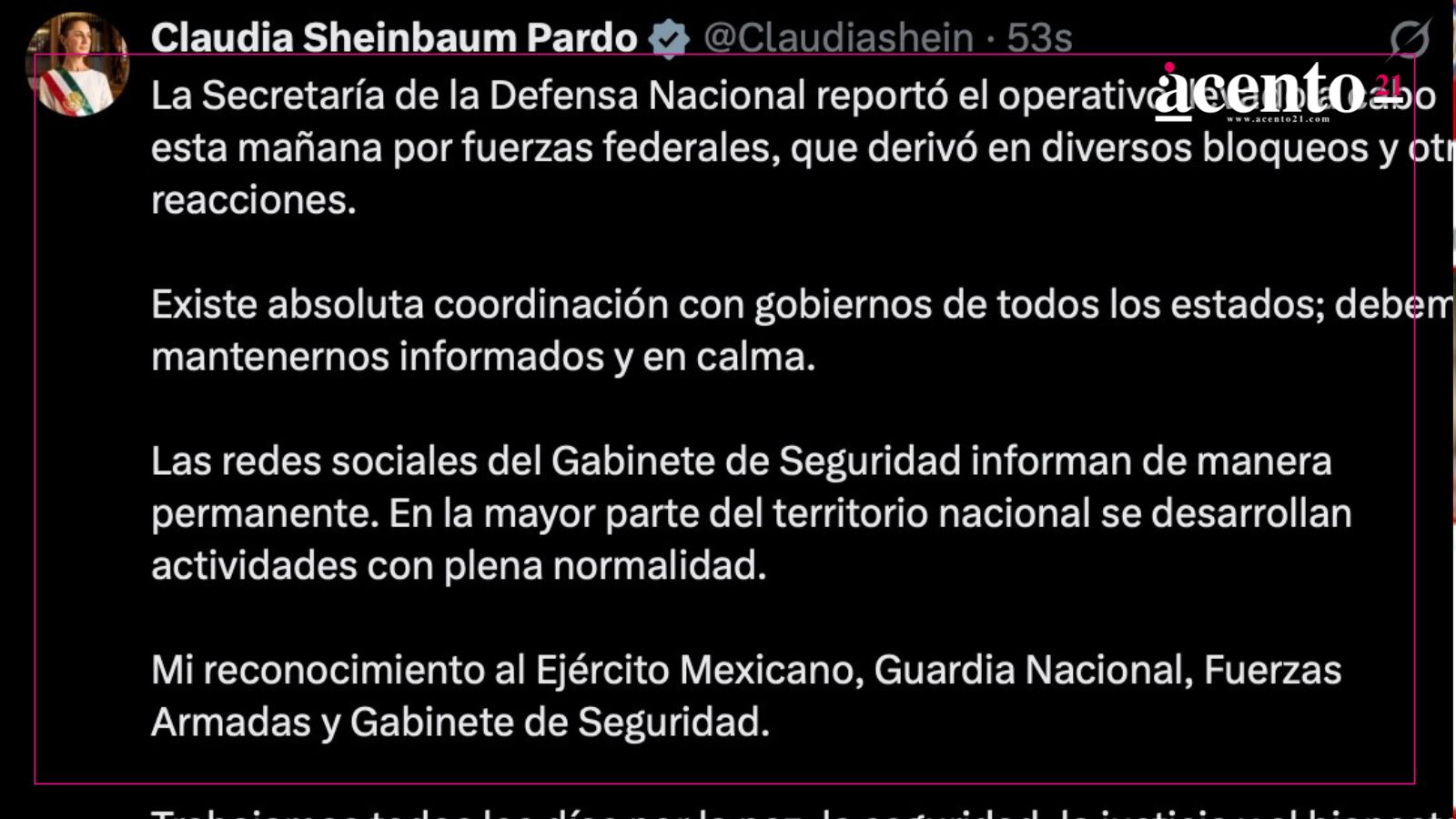 Claudia Sheinbaum informa sobre operativo de Sedena y Guardia Nacional; reportan bloqueos tras acciones del Ejército