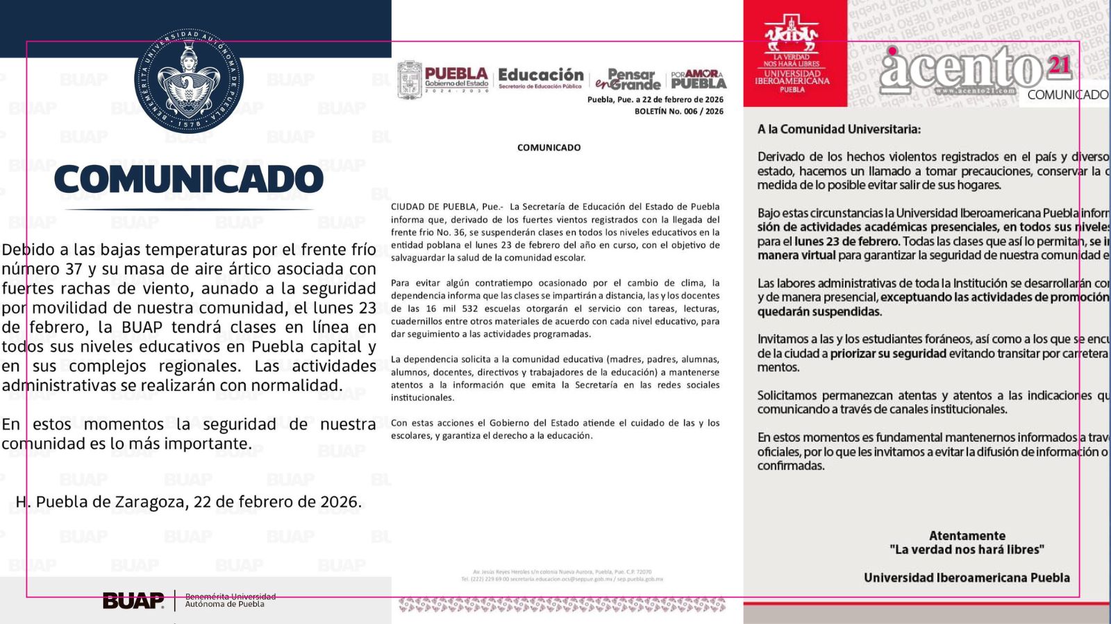 Este lunes 23 de febrero no habrá clases presenciales en Puebla; tampoco en algunas Universidades