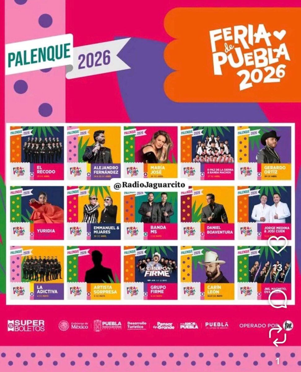 Ya está lista la cartelera para la Feria de Puebla 2026, entre la cual destacan artistas como Cristian Castro, Grupo Firme, Yuriria, Alejandro Fernández y María José.