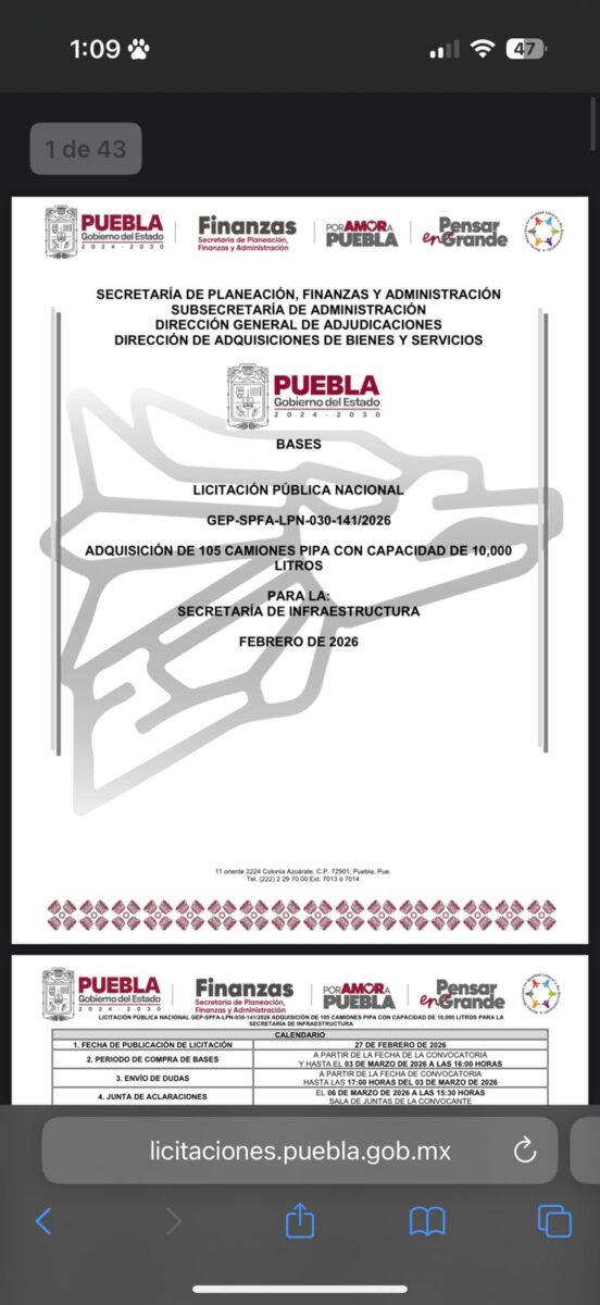 El gobierno estatal emitió la licitación para adquirir 105 pipas de agua que ayudarán a suministrar Puebla en colonias de la zona metropolitana de Puebla.