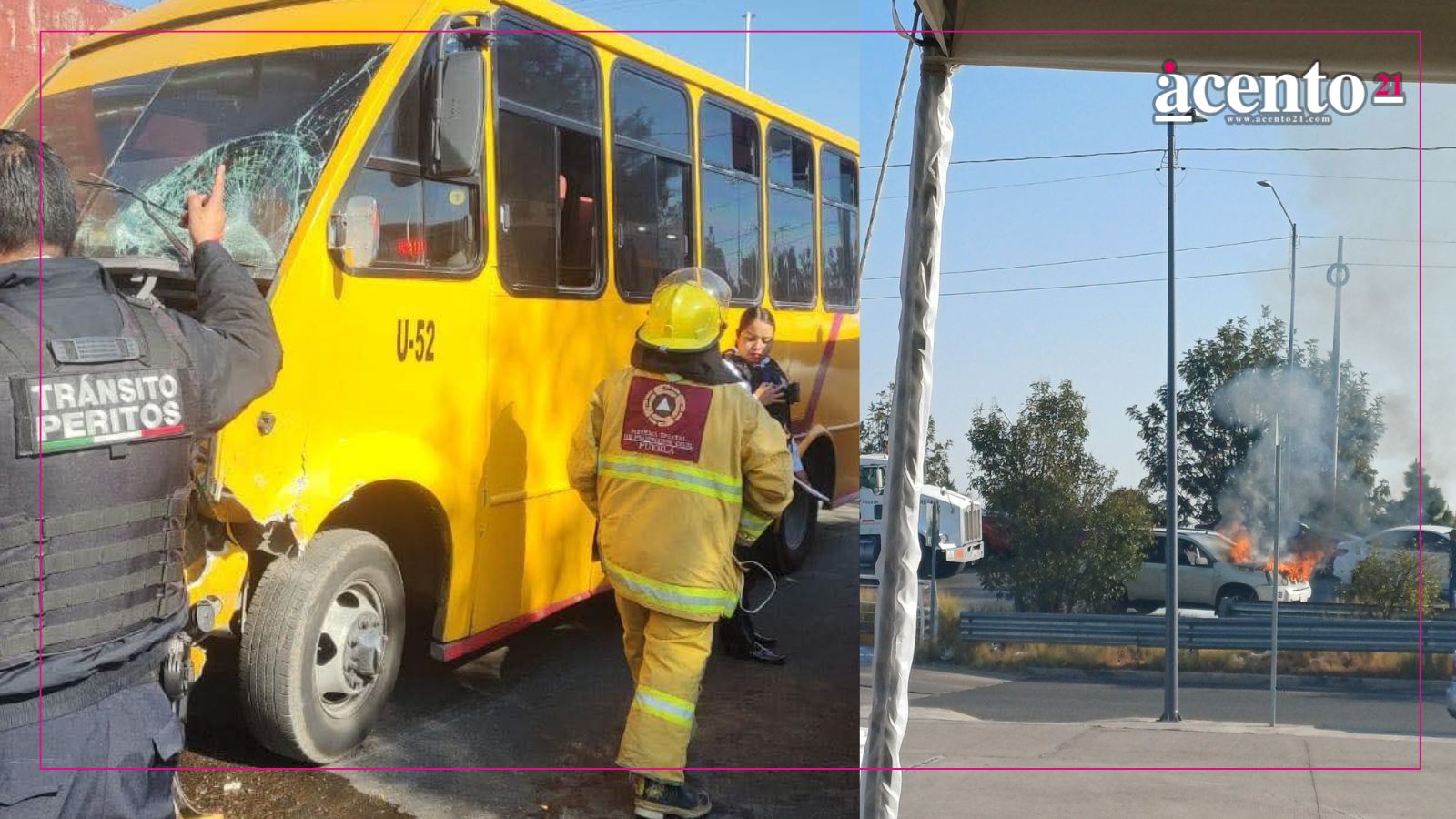 Ocurren dos accidentes en Puebla; un auto se incendió y una ruta atropelló a dos peatones