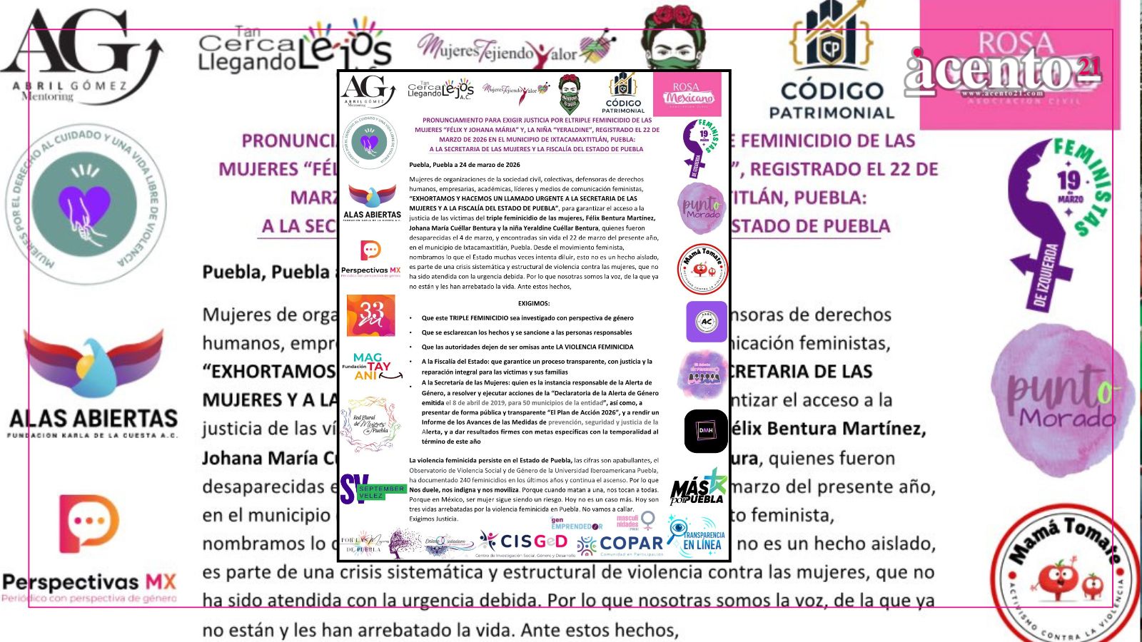 Exigen colectivas investigación con perspectiva de género sobre el triple feminicidio de una madre y sus hijas en Ixtacamaxtitlán