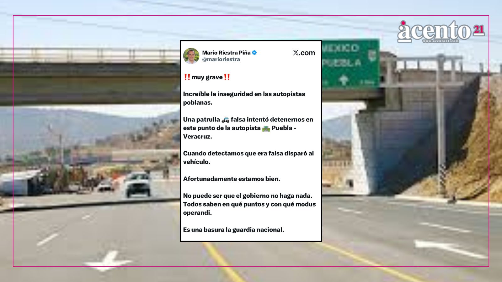 Denuncia Mario Riestra intento de asalto con una patrulla falsa a la altura de Palmarito Tochapan