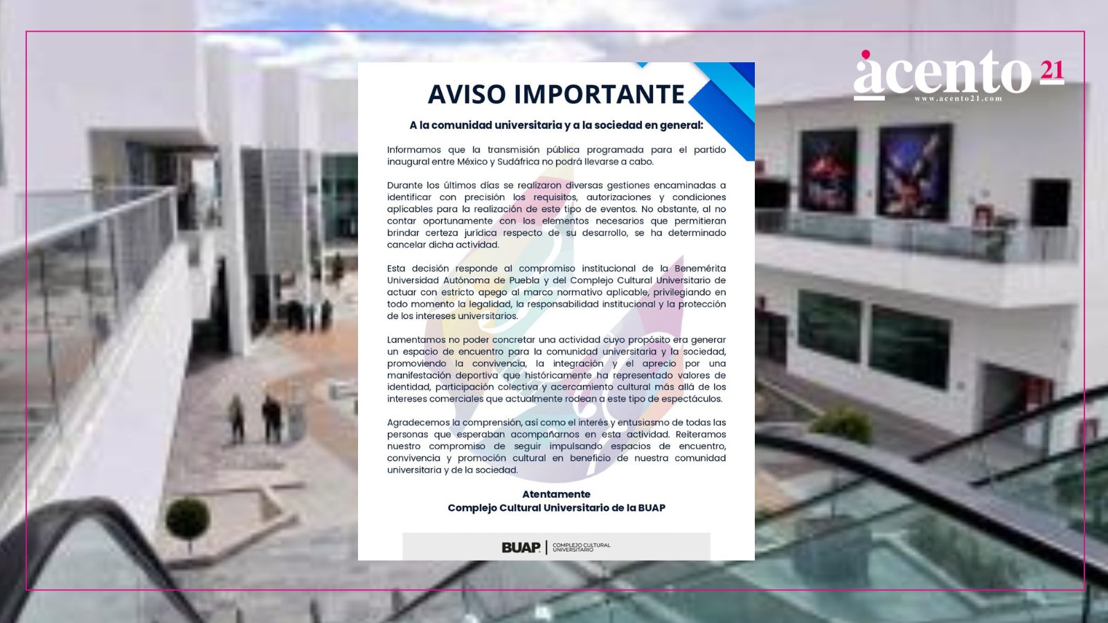 CCU de la BUAP cancela transmisión pública del México vs Sudáfrica por falta de certeza jurídica