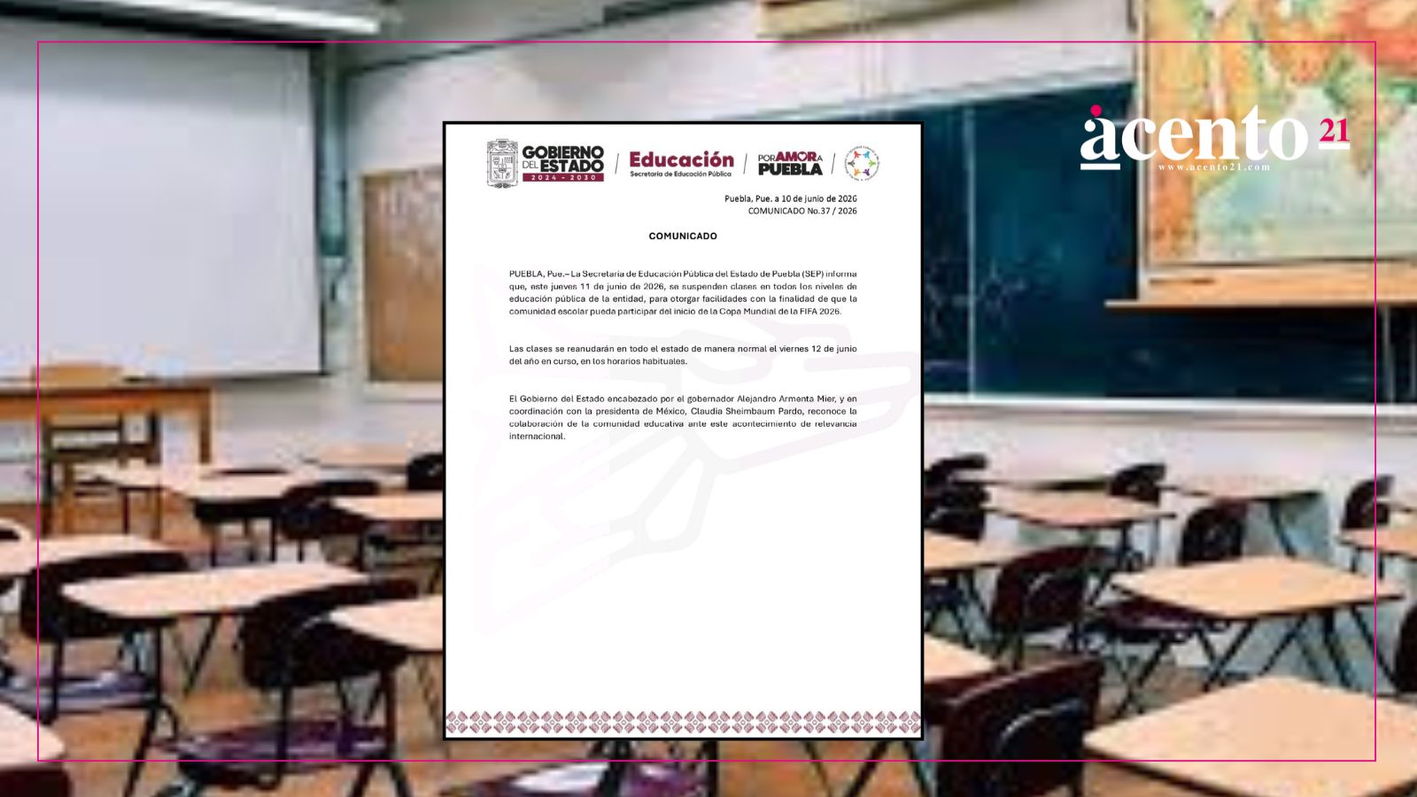 Gobierno de Puebla suspende clases el 11 de junio por inicio del Mundial 2026